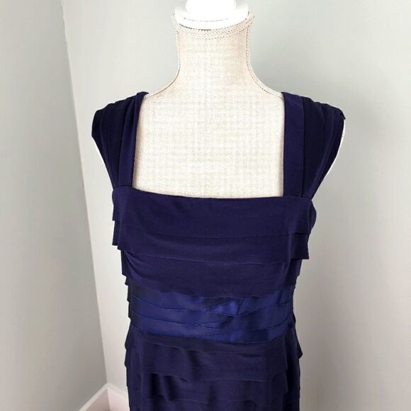 JONES NY WOMEN'S LAYERED TIERED RUFFLE SHEATH  NAVY BLUE DRESS SIZE 10 - Picture 2 of 7